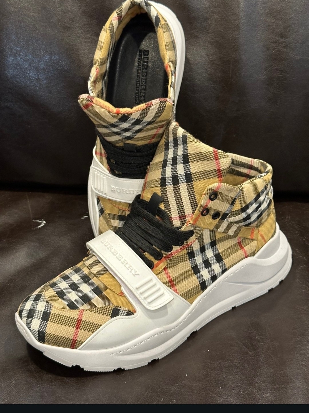 Burberry Tan Plaid High-Top Sneakers with White Sole